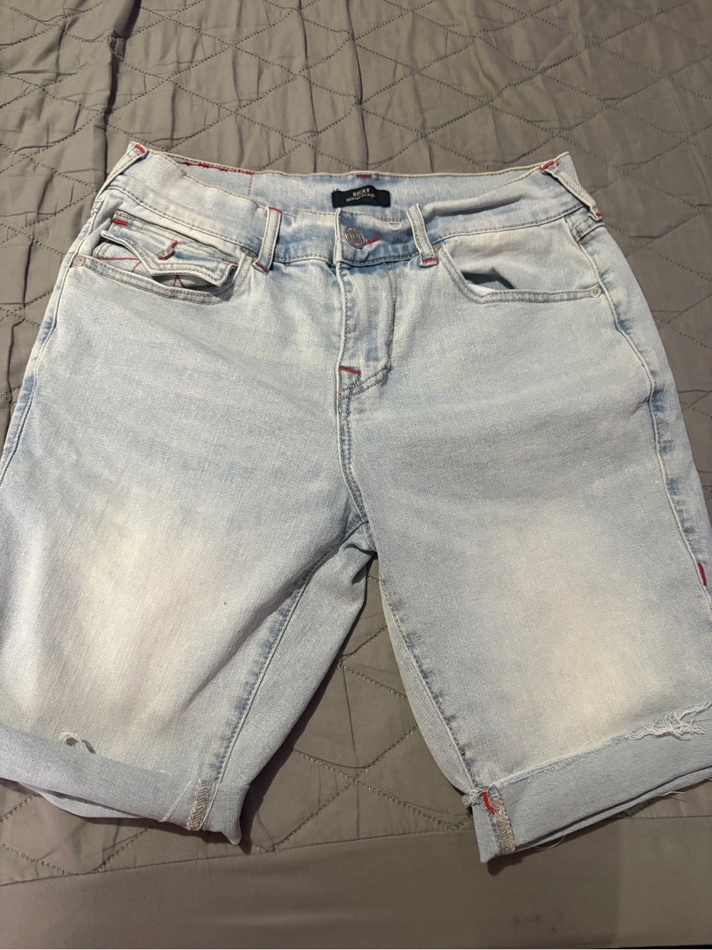 True Religion Light Blue Denim Men's Shorts with Red Accent